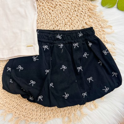 Conj. Blusa Gola com Laço e Saia Balonê Lacinhos - Areia e Preto